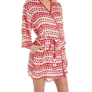 KATE SPADE Heart Print Kimono Chiffon Robe Red Belted Size L/XL